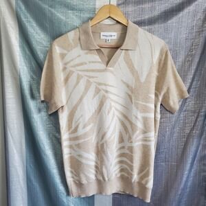 Thomas Sterling Mens Palm Leaf Knit Polo Shirt Tan Cream V-Neck Sweater Size M
